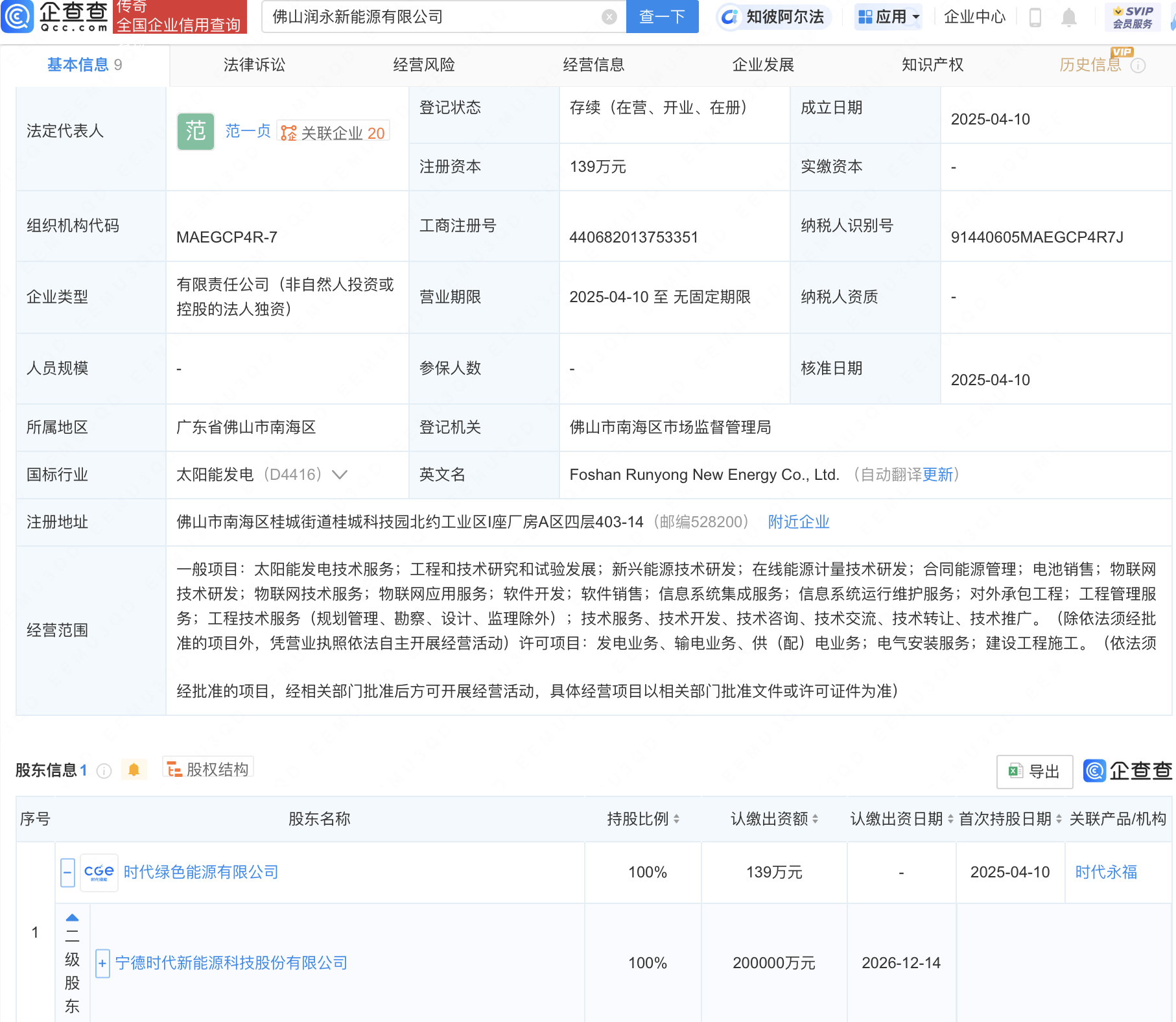 宁德时代等成立新公司 含太阳能发电相关业务